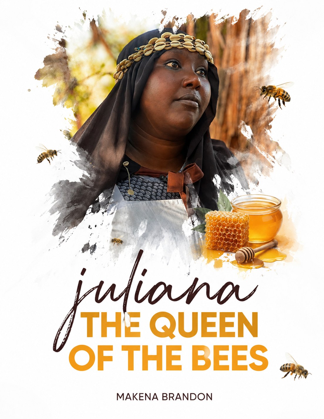 Juliana, The Queen of the Bees by Makena Brandon — cover portrait of Juliana Loshiro, Yaaku beekeeper, with honeycomb and bees